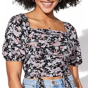 NWT Vylette Black and Pink Paisley‎ Puff Sleeve Clip Dot Blouse XL